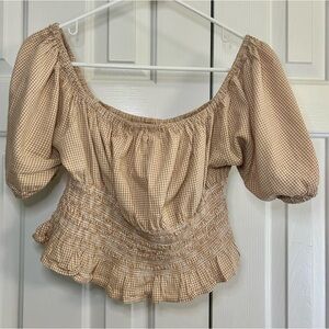 Japna Tan Check Puff Sleeve Elastic Waist Praire Cottagecore Off Shoulder Top L